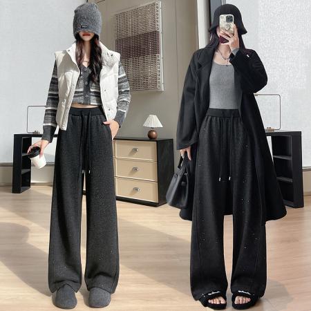 FA48928# 双色羊绒加绒亮片弯刀阔腿裤女冬款螺纹高腰百搭休闲香蕉裤 服裝批發女裝批發服飾貨源