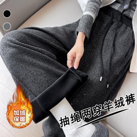 FA48928# 双色羊绒加绒亮片弯刀阔腿裤女冬款螺纹高腰百搭休闲香蕉裤 服裝批發女裝批發服飾貨源