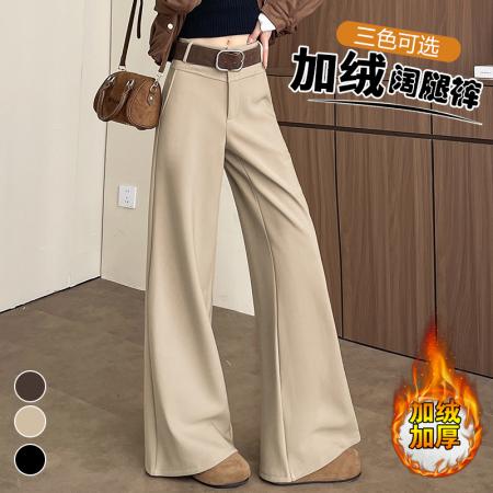 FA48929# 卡其加绒西装阔腿裤女秋冬新款高腰垂坠感直筒休闲拖地裤 服裝批發女裝批發服飾貨源