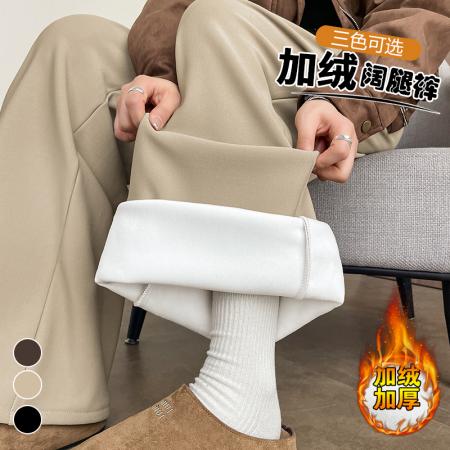 FA48929# 卡其加绒西装阔腿裤女秋冬新款高腰垂坠感直筒休闲拖地裤 服裝批發女裝批發服飾貨源