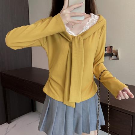 FA48930# 大码长袖加厚保暖蕾丝袖口V领T恤百搭减龄通勤遮肉显瘦打底衫 服裝批發女裝批發服飾貨源