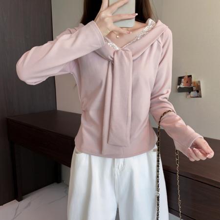 FA48930# 大码长袖加厚保暖蕾丝袖口V领T恤百搭减龄通勤遮肉显瘦打底衫 服裝批發女裝批發服飾貨源