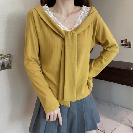 FA48930# 大码长袖加厚保暖蕾丝袖口V领T恤百搭减龄通勤遮肉显瘦打底衫 服裝批發女裝批發服飾貨源