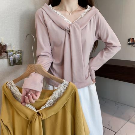 FA48930# 大码长袖加厚保暖蕾丝袖口V领T恤百搭减龄通勤遮肉显瘦打底衫 服裝批發女裝批發服飾貨源