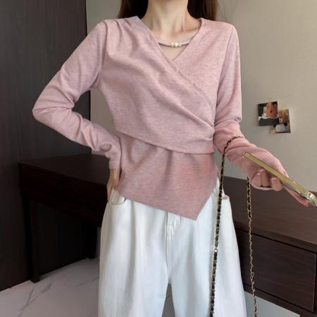 FA48931# 大码长袖加厚保暖不规则下摆T恤百搭显瘦减龄遮肉通勤打底衫 服裝批發女裝批發服飾貨源