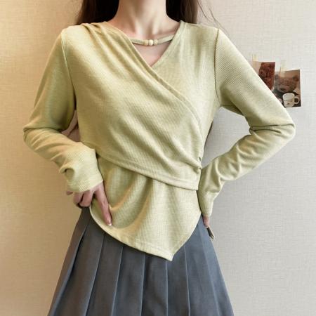 FA48931# 大码长袖加厚保暖不规则下摆T恤百搭显瘦减龄遮肉通勤打底衫 服裝批發女裝批發服飾貨源