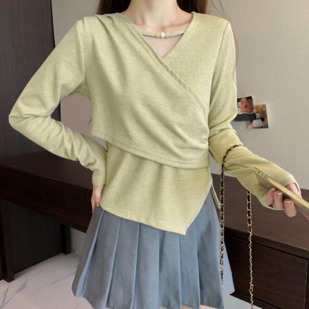 FA48931# 大码长袖加厚保暖不规则下摆T恤百搭显瘦减龄遮肉通勤打底衫 服裝批發女裝批發服飾貨源