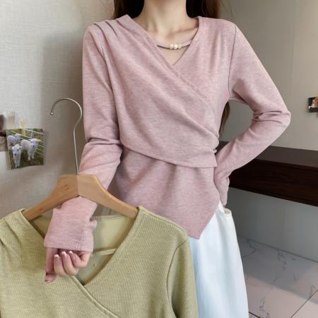 FA48931# 大码长袖加厚保暖不规则下摆T恤百搭显瘦减龄遮肉通勤打底衫 服裝批發女裝批發服飾貨源