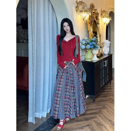 FA48933# 秋冬撞色拼接格纹羊毛混纺长袖连衣裙女 服裝批發女裝批發服飾貨源