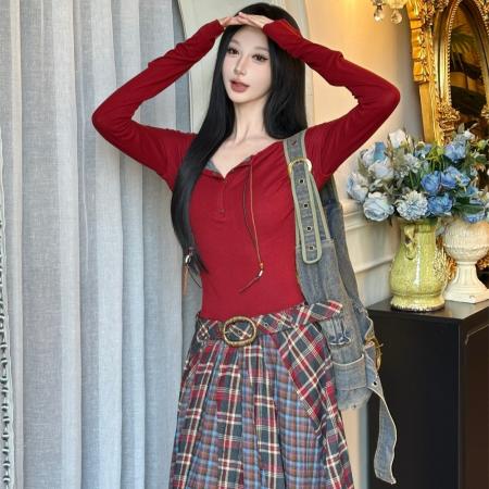 FA48933# 秋冬撞色拼接格纹羊毛混纺长袖连衣裙女 服裝批發女裝批發服飾貨源