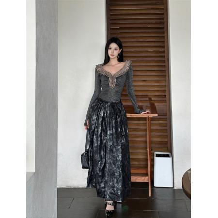 FA48934# 重磅细闪针织拼皮V领显瘦复古长连衣裙冬 服裝批發女裝批發服飾貨源