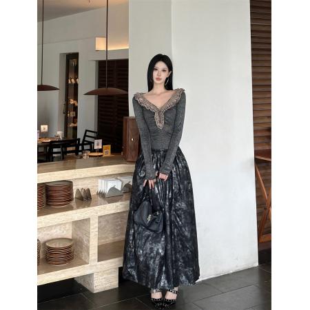 FA48934# 重磅细闪针织拼皮V领显瘦复古长连衣裙冬 服裝批發女裝批發服飾貨源