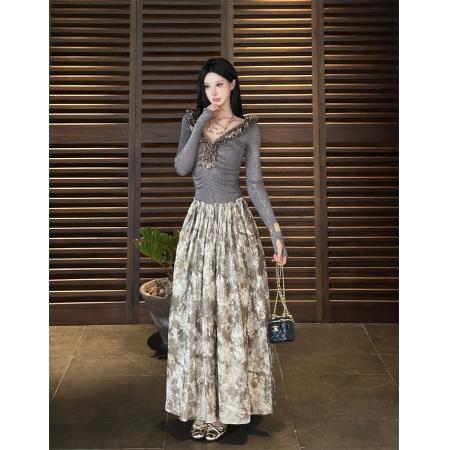 FA48934# 重磅细闪针织拼皮V领显瘦复古长连衣裙冬 服裝批發女裝批發服飾貨源