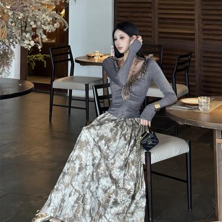 FA48934# 重磅细闪针织拼皮V领显瘦复古长连衣裙冬 服裝批發女裝批發服飾貨源