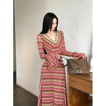 FA48935# 旷野诗人民族波嬉风彩色串珠喇叭袖收腰大摆针织连衣裙 服裝批發女裝批發服飾貨源