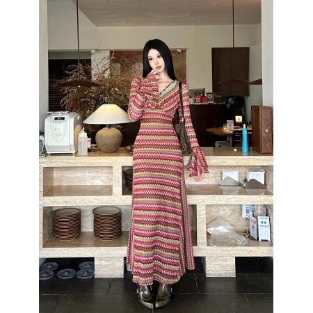 FA48935# 旷野诗人民族波嬉风彩色串珠喇叭袖收腰大摆针织连衣裙 服裝批發女裝批發服飾貨源