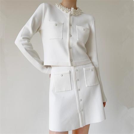 FA48941# 高腰显瘦设计感百搭两件套小香风套装女法式钉珠针织开衫新款 服裝批發女裝批發服飾貨源