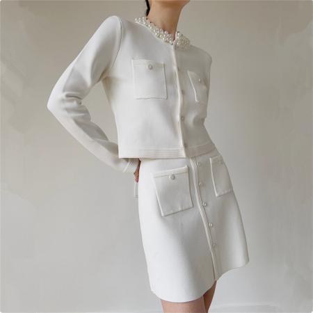 FA48941# 高腰显瘦设计感百搭两件套小香风套装女法式钉珠针织开衫新款 服裝批發女裝批發服飾貨源