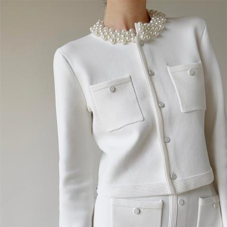 FA48941# 高腰显瘦设计感百搭两件套小香风套装女法式钉珠针织开衫新款 服裝批發女裝批發服飾貨源