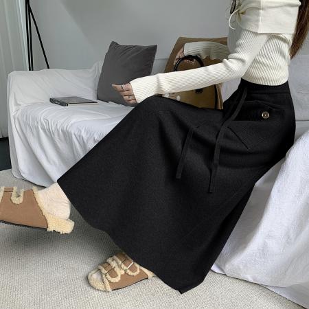 FA48942# 加厚秋冬针织半身裙女新款韩版高腰a字大摆长裙遮胯百褶 服裝批發女裝批發服飾貨源