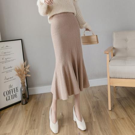 FA48943# 秋冬高腰修身针织鱼尾包臀荷叶边半身裙韩国高腰修身长裙 服裝批發女裝批發服飾貨源