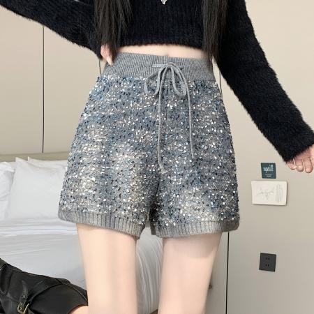 FA48945# 拉夏亮丝针织短裤女秋冬外穿裤子新款高腰a字阔腿休闲裤 服裝批發女裝批發服飾貨源