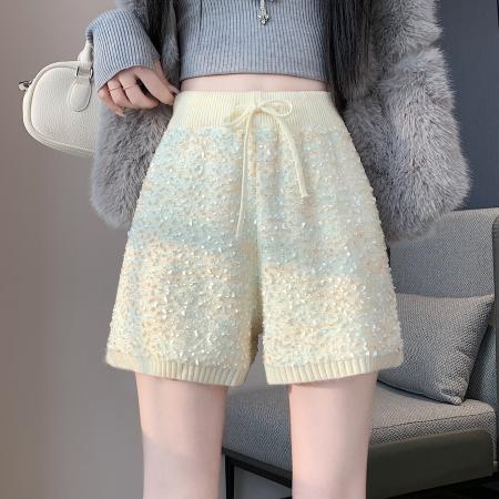 FA48945# 拉夏亮丝针织短裤女秋冬外穿裤子新款高腰a字阔腿休闲裤 服裝批發女裝批發服飾貨源