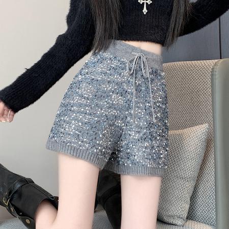 FA48945# 拉夏亮丝针织短裤女秋冬外穿裤子新款高腰a字阔腿休闲裤 服裝批發女裝批發服飾貨源