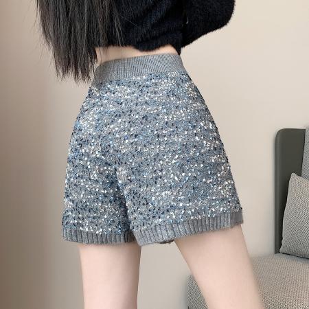 FA48945# 拉夏亮丝针织短裤女秋冬外穿裤子新款高腰a字阔腿休闲裤 服裝批發女裝批發服飾貨源