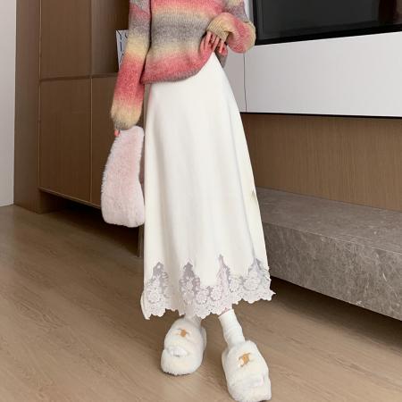 FA48946# 加厚花边针织半身裙女冬季长裙高腰开叉A字裙修身波点包臀裙 服裝批發女裝批發服飾貨源