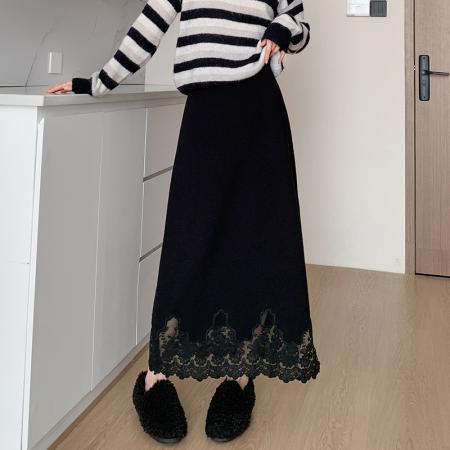 FA48946# 加厚花边针织半身裙女冬季长裙高腰开叉A字裙修身波点包臀裙 服裝批發女裝批發服飾貨源