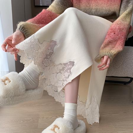 FA48946# 加厚花边针织半身裙女冬季长裙高腰开叉A字裙修身波点包臀裙 服裝批發女裝批發服飾貨源