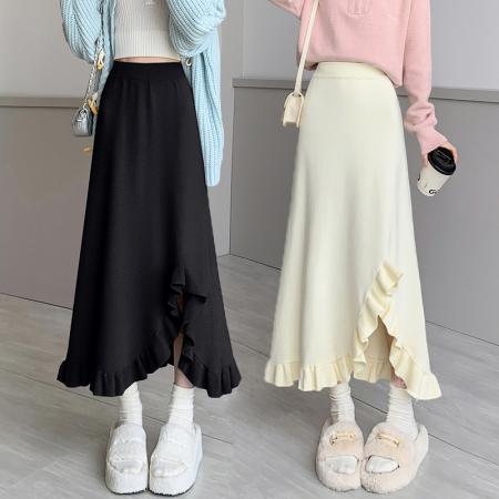 FA48947# 针织半身裙女中长款韩版高腰A字裙宽松木耳前开叉鱼尾裙 服裝批發女裝批發服飾貨源