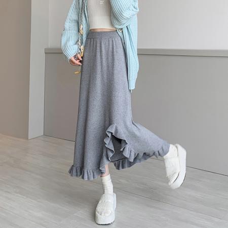 FA48947# 针织半身裙女中长款韩版高腰A字裙宽松木耳前开叉鱼尾裙 服裝批發女裝批發服飾貨源