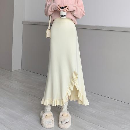 FA48947# 针织半身裙女中长款韩版高腰A字裙宽松木耳前开叉鱼尾裙 服裝批發女裝批發服飾貨源