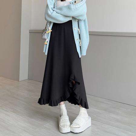 FA48947# 针织半身裙女中长款韩版高腰A字裙宽松木耳前开叉鱼尾裙 服裝批發女裝批發服飾貨源