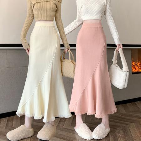 FA48948# 流苏针织半身裙女秋冬韩版高腰鱼尾裙性感a字包臀裙修身长裙 服裝批發女裝批發服飾貨源