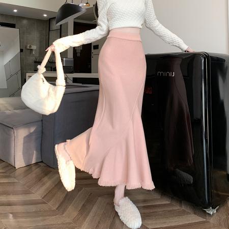 FA48948# 流苏针织半身裙女秋冬韩版高腰鱼尾裙性感a字包臀裙修身长裙 服裝批發女裝批發服飾貨源