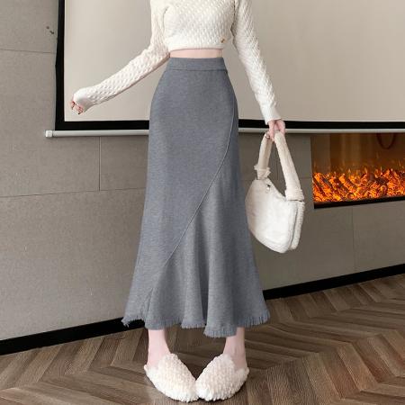 FA48948# 流苏针织半身裙女秋冬韩版高腰鱼尾裙性感a字包臀裙修身长裙 服裝批發女裝批發服飾貨源