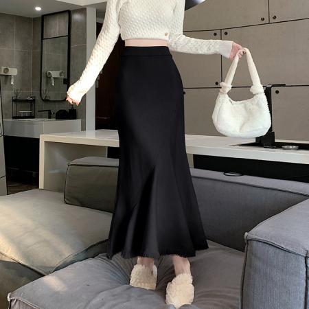 FA48948# 流苏针织半身裙女秋冬韩版高腰鱼尾裙性感a字包臀裙修身长裙 服裝批發女裝批發服飾貨源