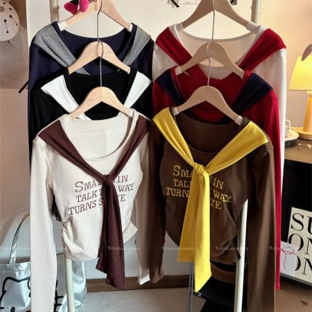 FA48951# 美式复古撞色系带圆领长袖t恤女秋冬新款磨毛褶皱收腰短款上衣 服裝批發女裝批發服飾貨源