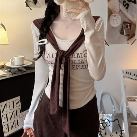 FA48951# 美式复古撞色系带圆领长袖t恤女秋冬新款磨毛褶皱收腰短款上衣 服裝批發女裝批發服飾貨源