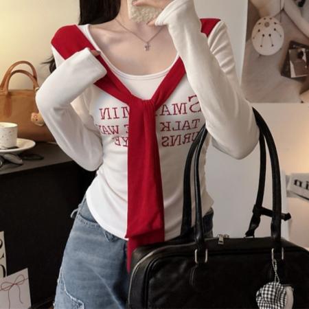 FA48951# 美式复古撞色系带圆领长袖t恤女秋冬新款磨毛褶皱收腰短款上衣 服裝批發女裝批發服飾貨源