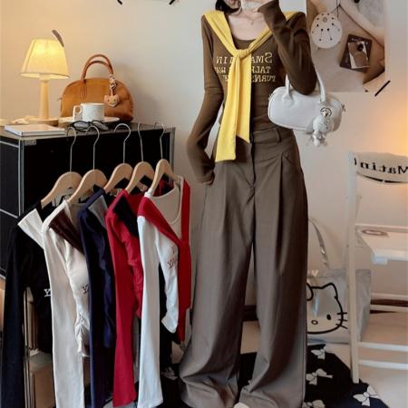 FA48951# 美式复古撞色系带圆领长袖t恤女秋冬新款磨毛褶皱收腰短款上衣 服裝批發女裝批發服飾貨源