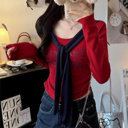 FA48951# 美式复古撞色系带圆领长袖t恤女秋冬新款磨毛褶皱收腰短款上衣 服裝批發女裝批發服飾貨源