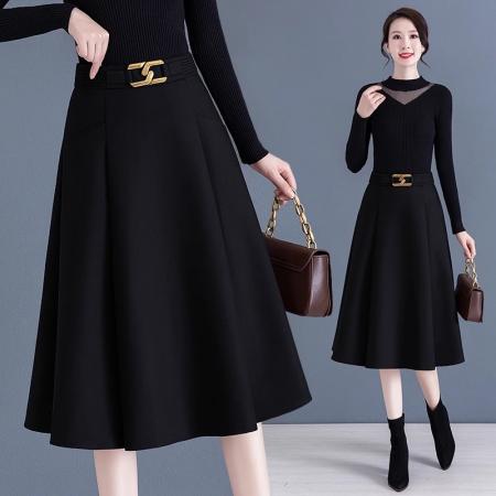 LN76380# 百褶半身裙女春秋新款高腰中长款垂感休闲a字裙遮胯大摆裙子