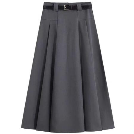 LN76381# 灰色西装半身裙女韩版高腰垂感显瘦a字中长款百褶裙