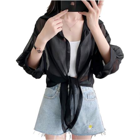 LN76382# 外贸爆款防晒衣女开衫夏季韩版宽松雪纺七分衬衫