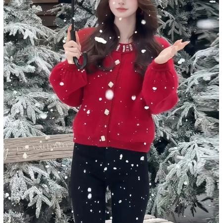 LN76384# 重工钉珠红色针织开衫毛衣外套