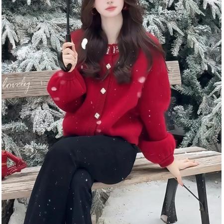 LN76384# 重工钉珠红色针织开衫毛衣外套